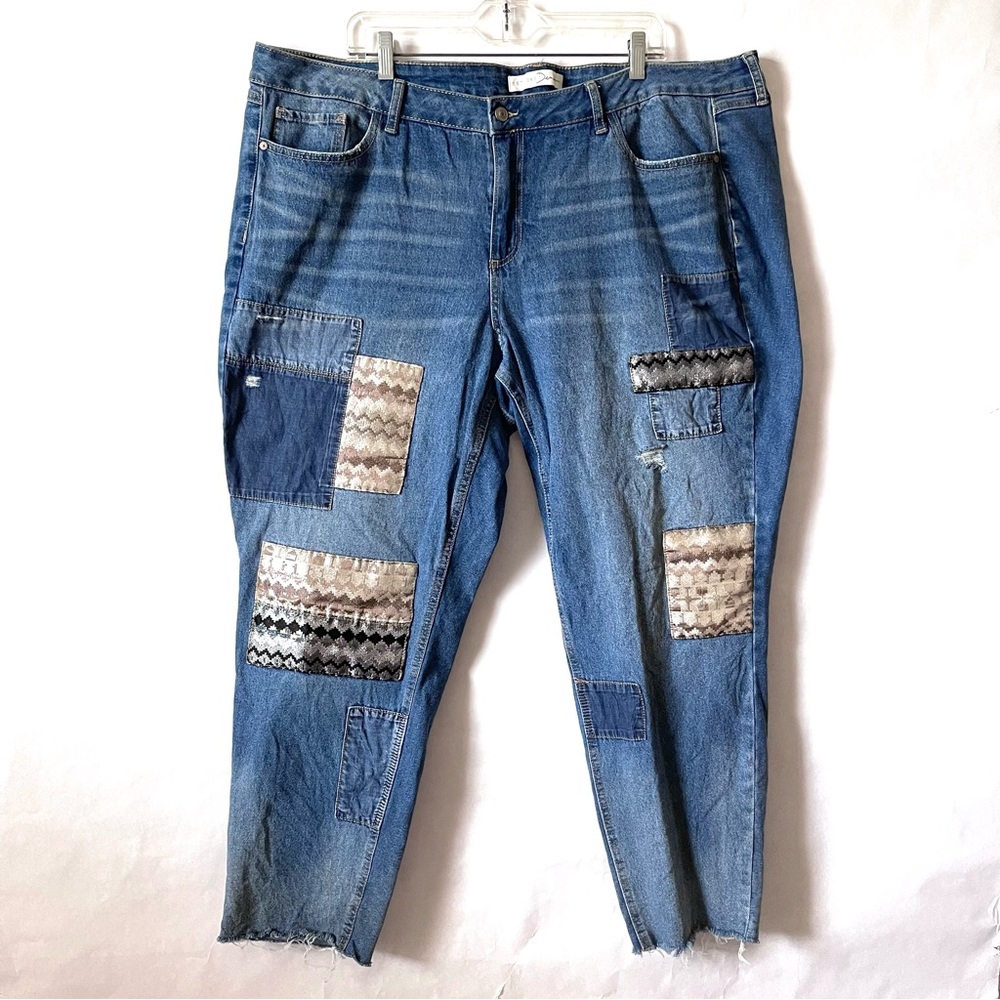 C Est. 1946 Denim Boyfriend‎ Blue Jeans Womens Plus Size 22W Patchwork Shiny